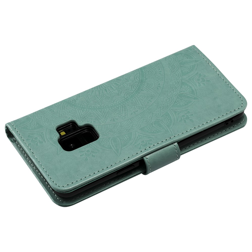 Imprint Butterfly Flower Wallet Leather Stand Case for Samsung Galaxy S9 SM-G960 - Cyan-6
