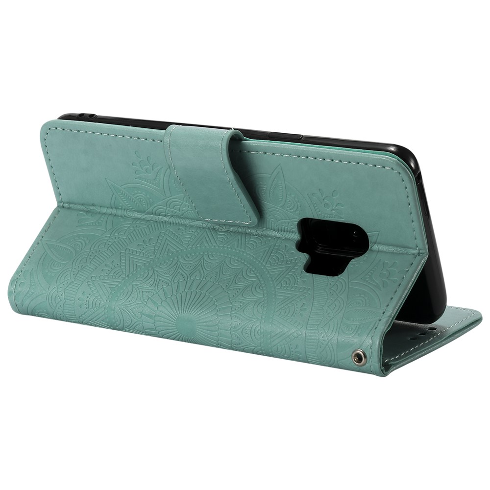 Imprint Butterfly Flower Wallet Leather Stand Case for Samsung Galaxy S9 SM-G960 - Cyan-7