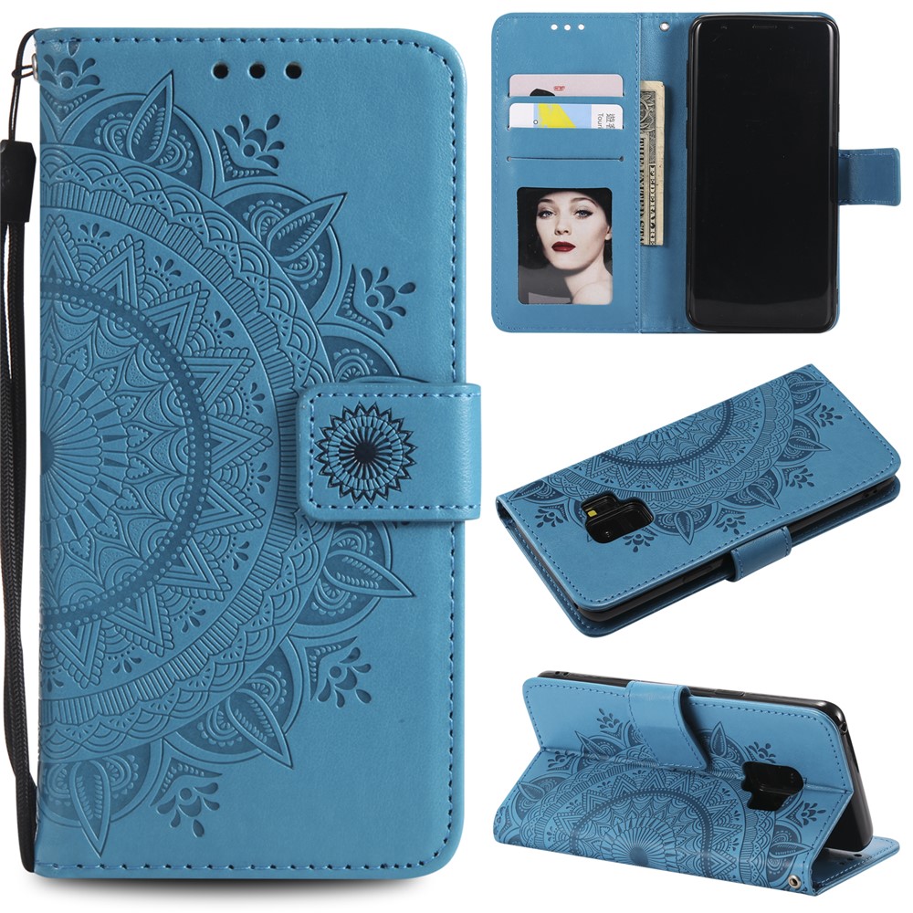 Imprint Butterfly Flower Wallet Leather Stand Cover for Samsung Galaxy S9 SM-G960 - Blue-1