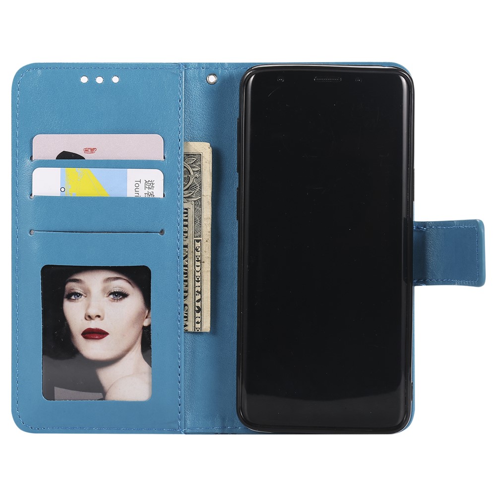 Imprint Butterfly Flower Wallet Leather Stand Cover for Samsung Galaxy S9 SM-G960 - Blue-4