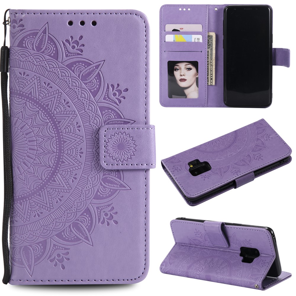 Imprint Butterfly Flower Leather Wallet Case Phone Cover for Samsung Galaxy S9 SM-G960 - Purple-1