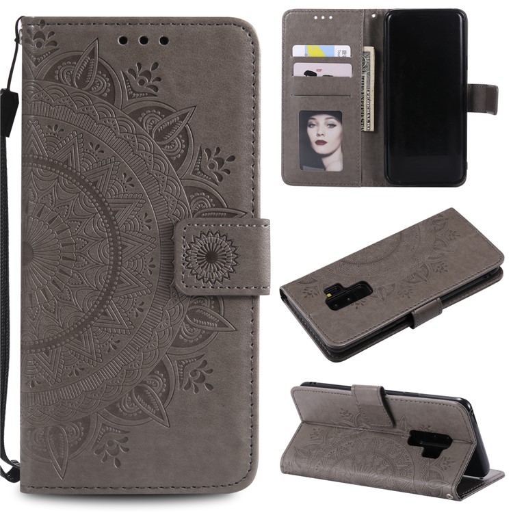 Imprint Butterfly Flower Leather Wallet Case for Samsung Galaxy S9+ SM-G965 - Grey-1