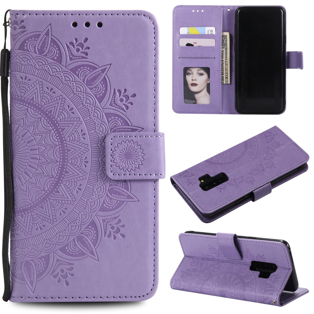 Imprint Butterfly Flower Wallet Leather Stand Case for Samsung Galaxy S9+ SM-G965 - Purple-1