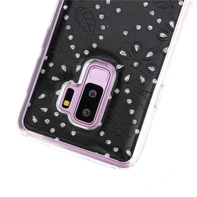 Glittery Flower Leaf Leather Wallet + Detachable TPU Back Case for Samsung Galaxy S9 Plus G965 - Black-11
