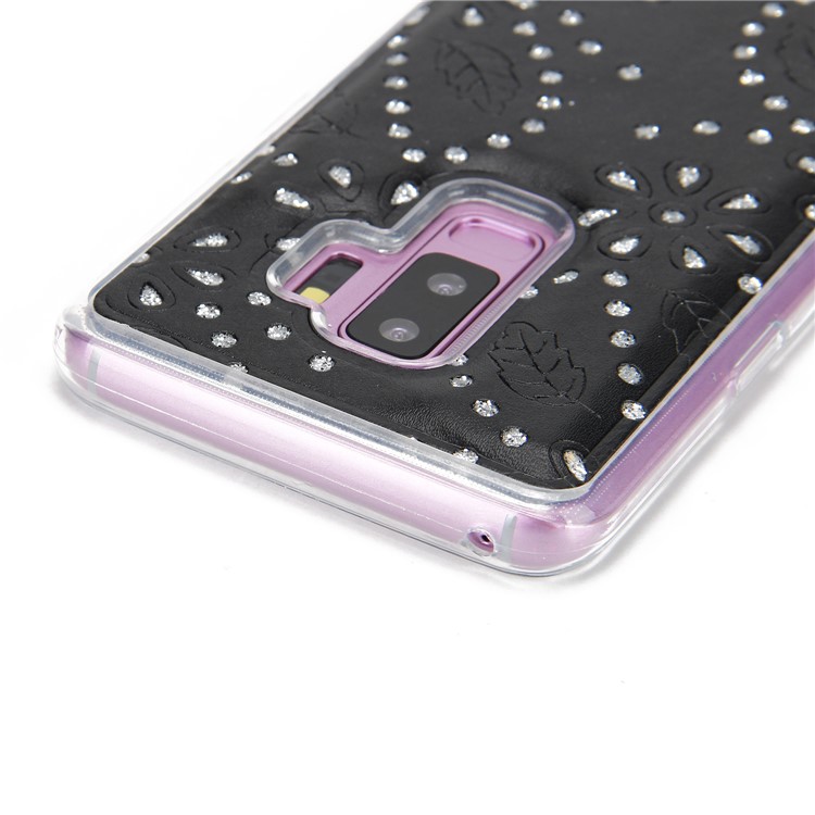 Glittery Flower Leaf Leather Wallet + Detachable TPU Back Case for Samsung Galaxy S9 Plus G965 - Black-12