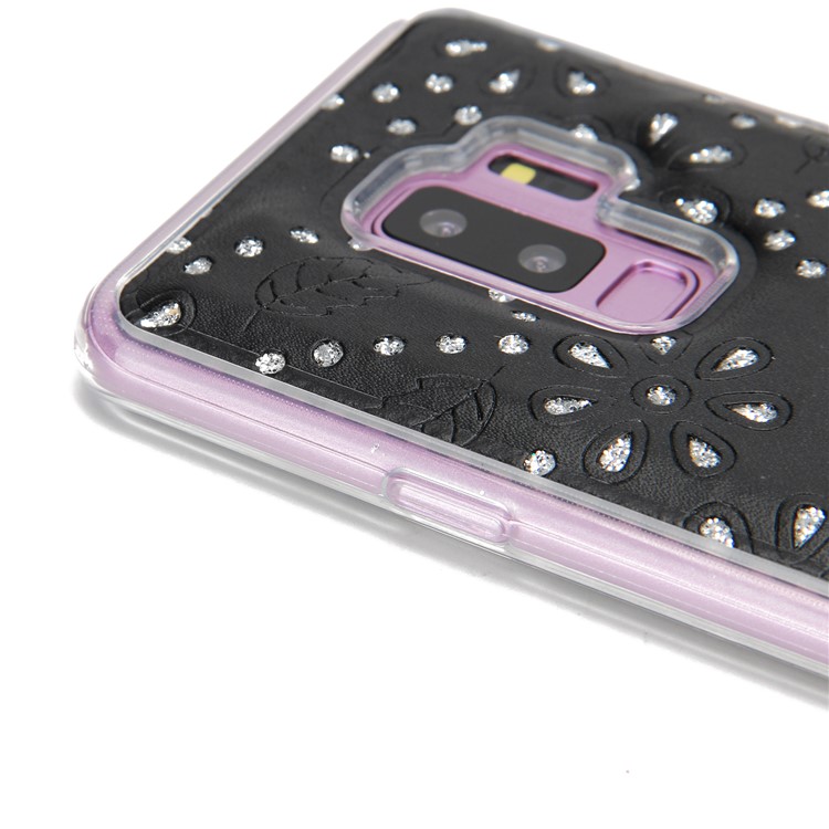 Glittery Flower Leaf Leather Wallet + Detachable TPU Back Case for Samsung Galaxy S9 Plus G965 - Black-13