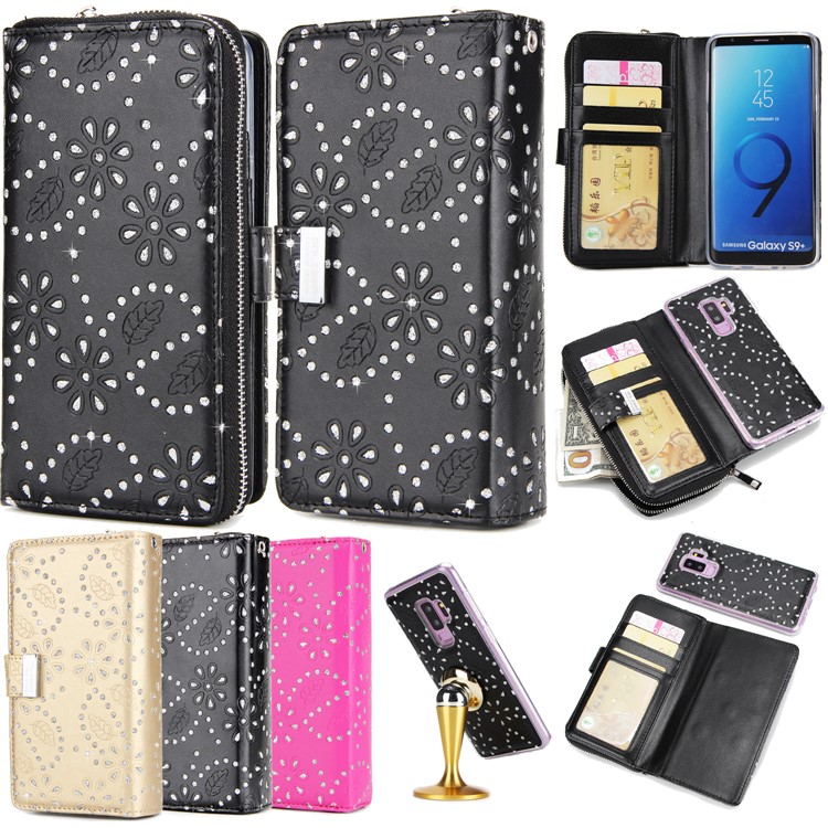 Glittery Flower Leaf Leather Wallet + Detachable TPU Back Case for Samsung Galaxy S9 Plus G965 - Black-16
