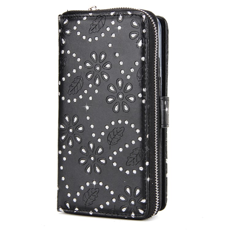 Glittery Flower Leaf Leather Wallet + Detachable TPU Back Case for Samsung Galaxy S9 Plus G965 - Black-3