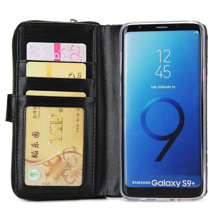 Glittery Flower Leaf Leather Wallet + Detachable TPU Back Case for Samsung Galaxy S9 Plus G965 - Black-4