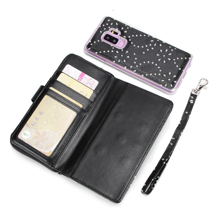 Glittery Flower Leaf Leather Wallet + Detachable TPU Back Case for Samsung Galaxy S9 Plus G965 - Black-6