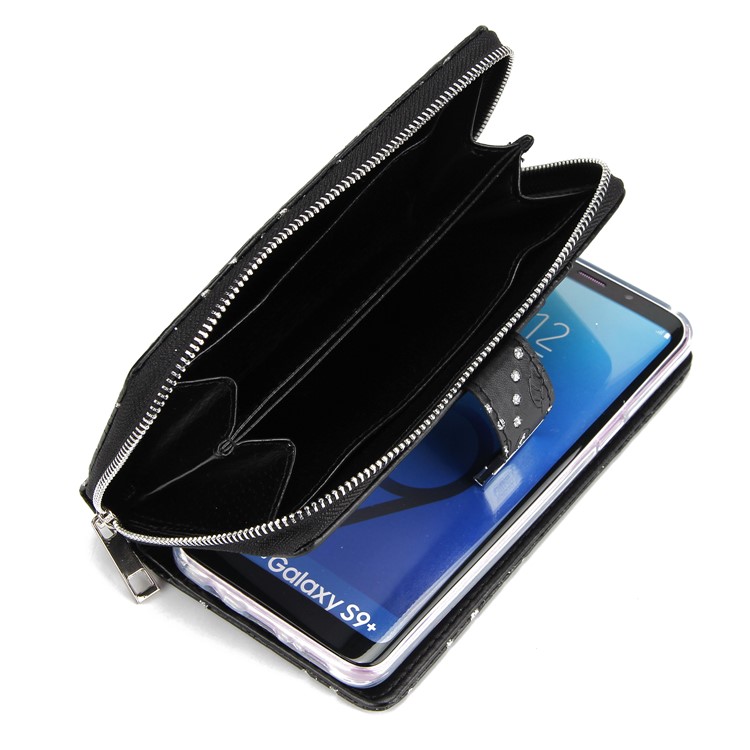 Glittery Flower Leaf Leather Wallet + Detachable TPU Back Case for Samsung Galaxy S9 Plus G965 - Black-8