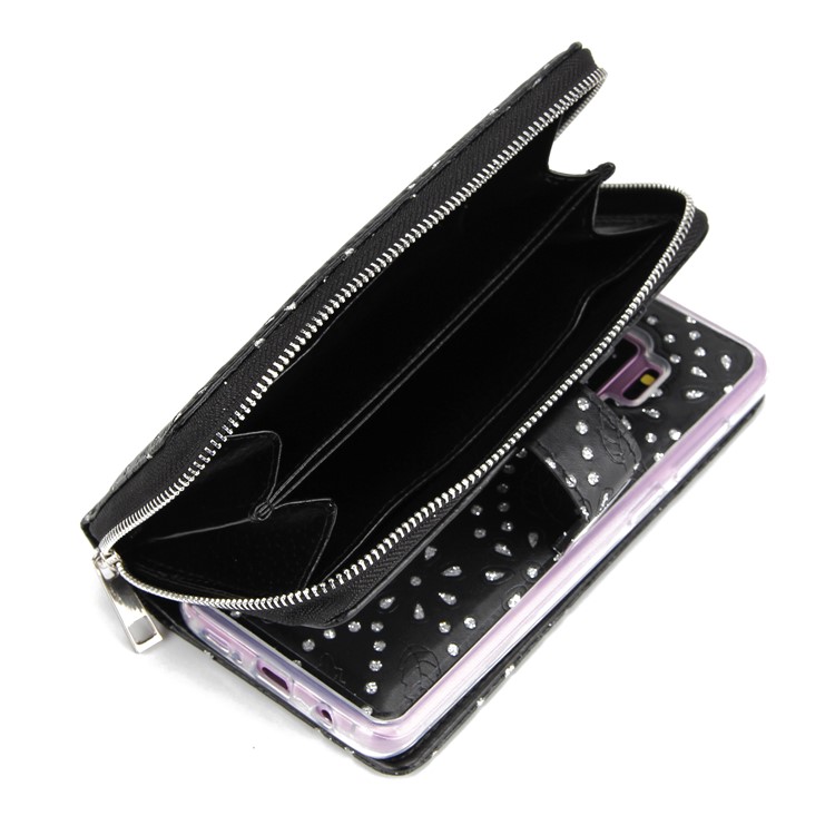Glittery Flower Leaf Leather Wallet + Detachable TPU Back Case for Samsung Galaxy S9 Plus G965 - Black-9