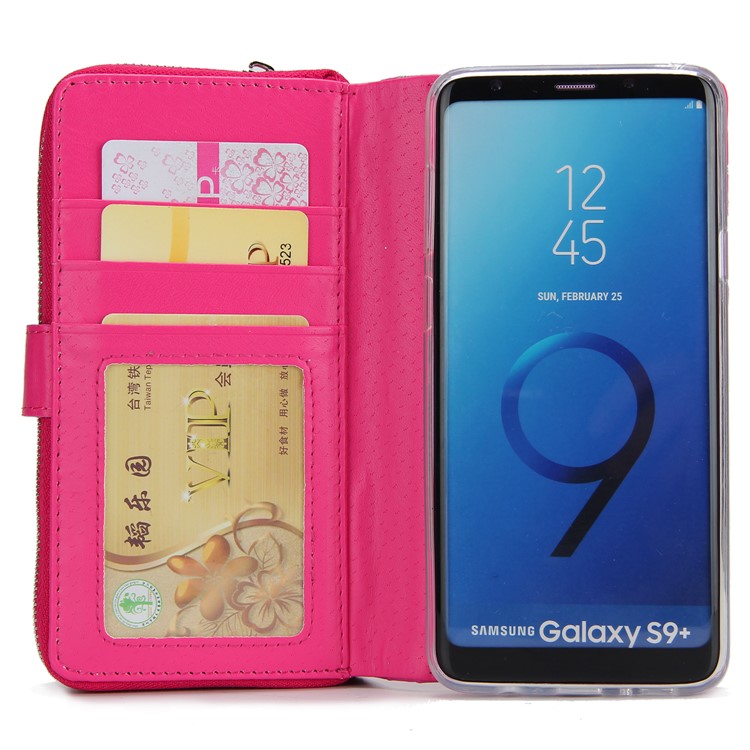 Glittery Flower Leaf Leather Wallet + Detachable TPU Mobile Cover for Samsung Galaxy S9 Plus G965 - Rose-4