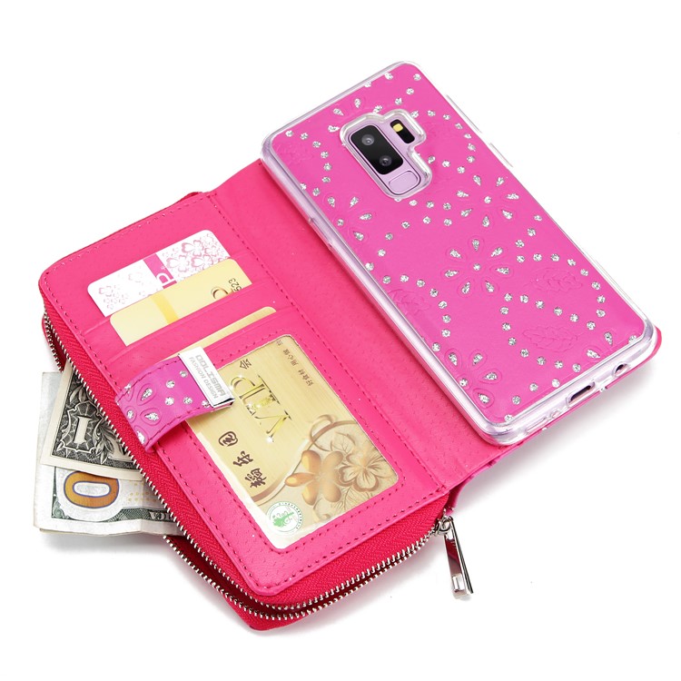 Glittery Flower Leaf Leather Wallet + Detachable TPU Mobile Cover for Samsung Galaxy S9 Plus G965 - Rose-5