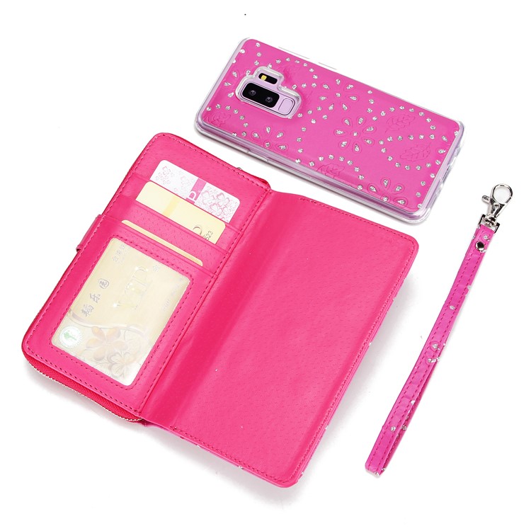 Glittery Flower Leaf Leather Wallet + Detachable TPU Mobile Cover for Samsung Galaxy S9 Plus G965 - Rose-6