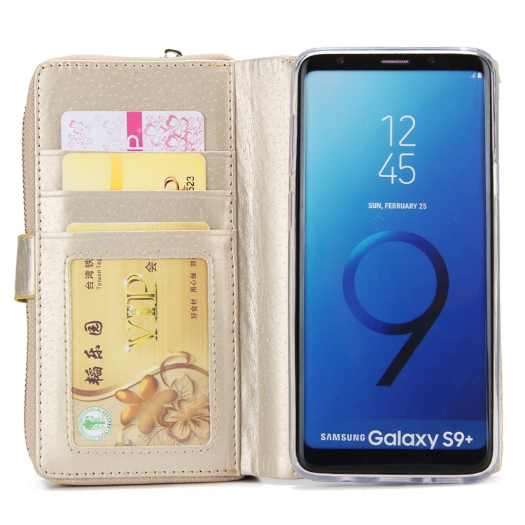 Glittery Flower Leaf Leather Wallet + Detachable TPU Protection Cover Case for Samsung Galaxy S9+ G965 - Gold-4