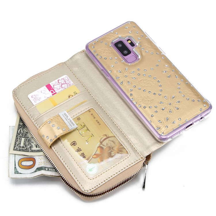 Glittery Flower Leaf Leather Wallet + Detachable TPU Protection Cover Case for Samsung Galaxy S9+ G965 - Gold-5