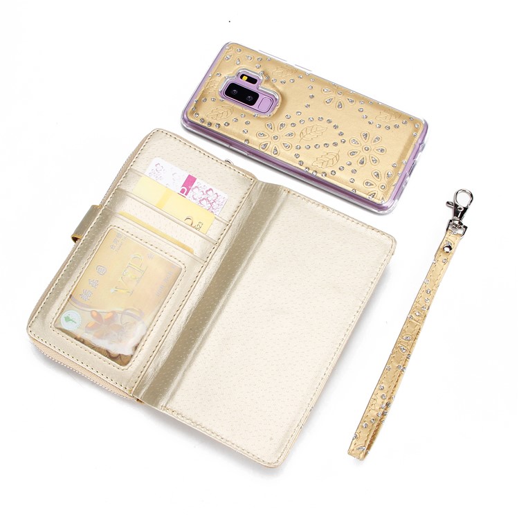 Glittery Flower Leaf Leather Wallet + Detachable TPU Protection Cover Case for Samsung Galaxy S9+ G965 - Gold-6