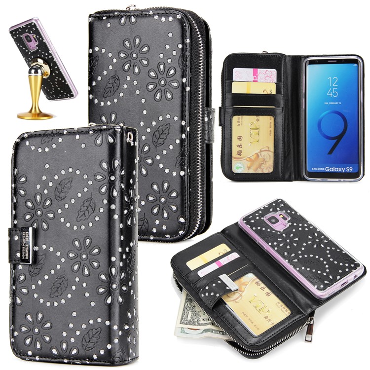 

Glittery Flower Leaf Leather Wallet + Detachable TPU Back Case for Samsung Galaxy S9 G960 - Black