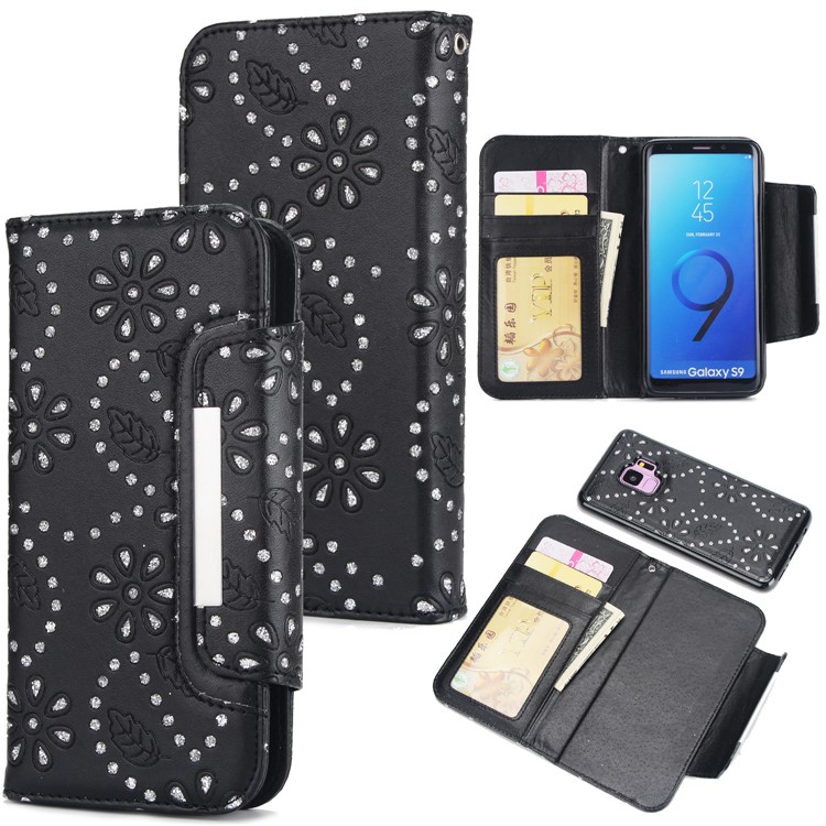 

Glittery Leaves Flowers Leather Wallet Cover + Detachable Inner TPU Back Casing for Samsung Galaxy S9 SM-G960 - Black
