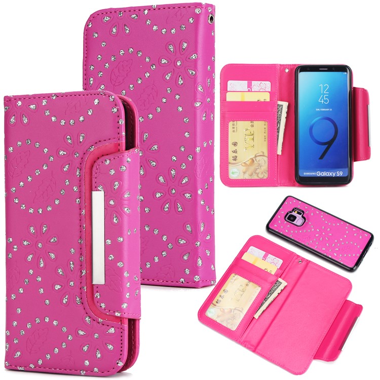 

Glittery Leaves Flowers Leather Wallet Cover + Detachable Inner TPU Back Casing Cover for Samsung Galaxy S9 SM-G960 - Rose