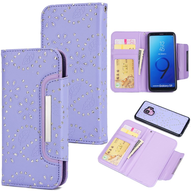 

Glittery Leaves Flowers Leather Wallet Cover + Detachable Inner TPU Back Mobile Case for Samsung Galaxy S9 SM-G960 - Purple