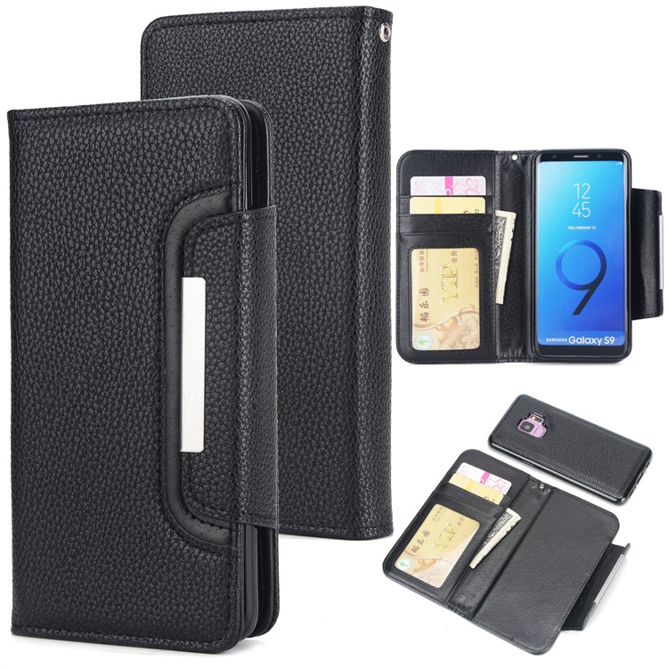 

Litchi Skin Leather Cover + Detachable Leather Coated TPU Back Case for Samsung Galaxy S9 SM-G960 - Black