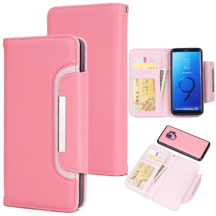 

Litchi Skin Leather Shell + Detachable Leather Coated TPU Cover for Samsung Galaxy S9 SM-G960 - Pink