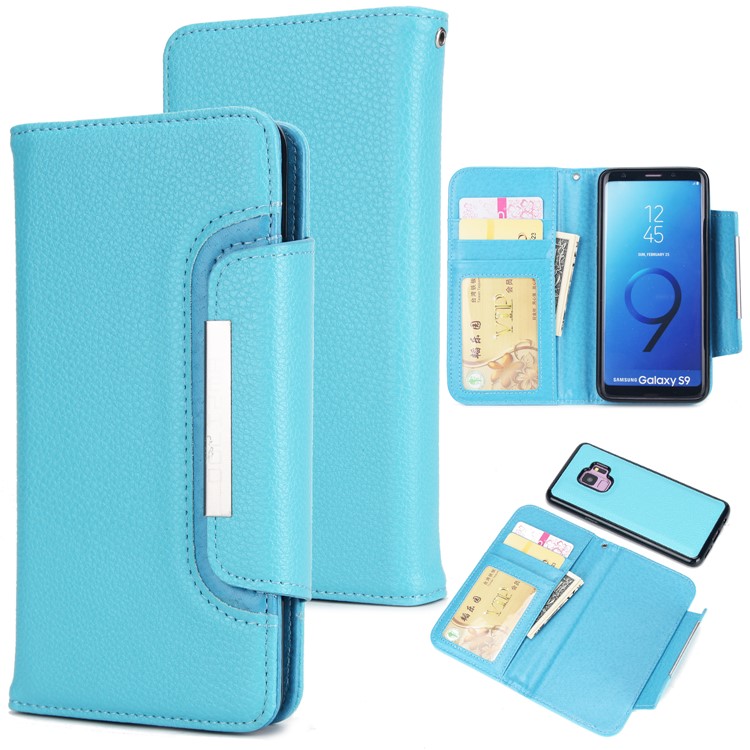

Detachable 2-in-1 Litchi Skin PU Leather Wallet Phone Cover for Samsung Galaxy S9 SM-G960 - Blue