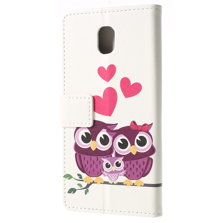 Patterned Leather Stand Wallet Flip Cover Shell for Samsung Galaxy J7 (2018) J737 - Owls and Hearts-3