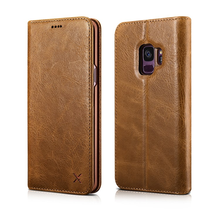 

XOOMZ Auto-absorbed Genuine Leather Wallet Mobile Phone Protective Case for Samsung Galaxy S9 G960 - Brown, Galaxy S9