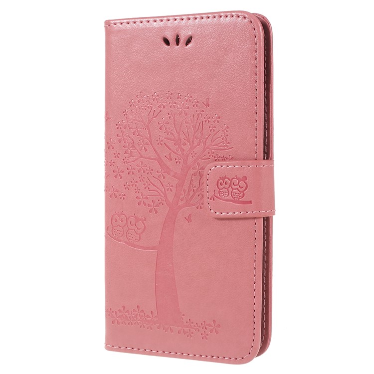 For Samsung Galaxy A6 Plus (2018) / A9 Star Lite Imprint Tree Owl Wallet Stand PU Leather Phone Casing Cover - Pink-2