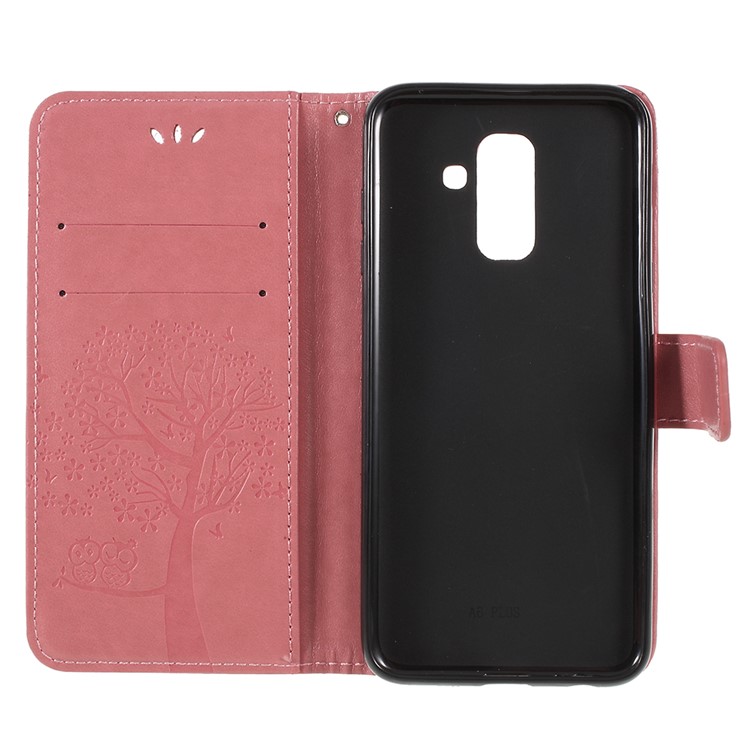 For Samsung Galaxy A6 Plus (2018) / A9 Star Lite Imprint Tree Owl Wallet Stand PU Leather Phone Casing Cover - Pink-6