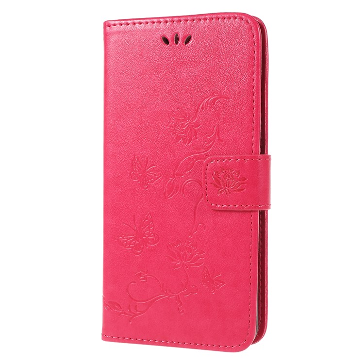 Imprint Butterfly Flower Wallet Leather Shell with Stand for Samsung Galaxy A6 Plus (2018) / A9 Star Lite - Red-2