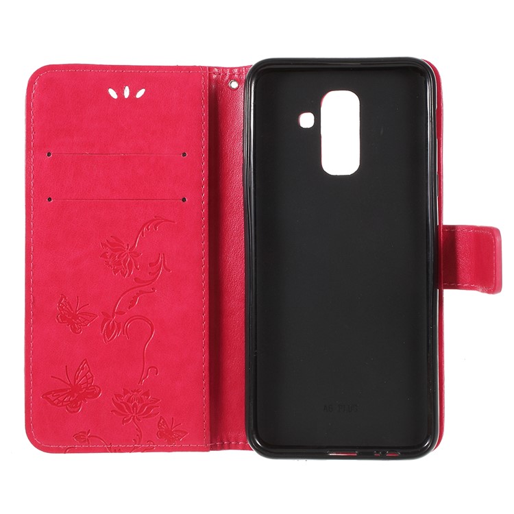 Imprint Butterfly Flower Wallet Leather Shell with Stand for Samsung Galaxy A6 Plus (2018) / A9 Star Lite - Red-6