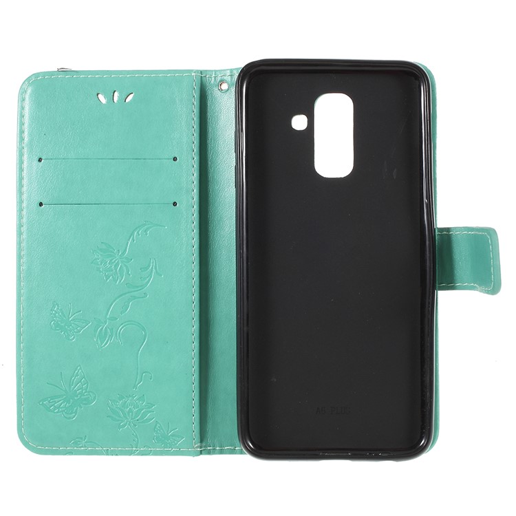 Imprint Butterfly Flower Wallet Stand Leather Phone Cover for Samsung Galaxy A6+ (2018) / A9 Star Lite - Green-6