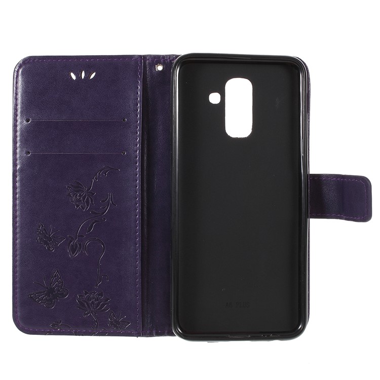Imprint Butterfly Flower PU Leather Card Holder Mobile Casing for Samsung Galaxy A6+ (2018) / A9 Star Lite - Purple-12