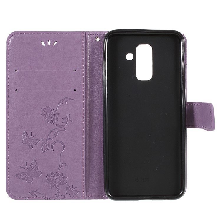 Imprint Butterfly Flower PU Leather Card Holder Mobile Casing for Samsung Galaxy A6+ (2018) / A9 Star Lite - Purple-6
