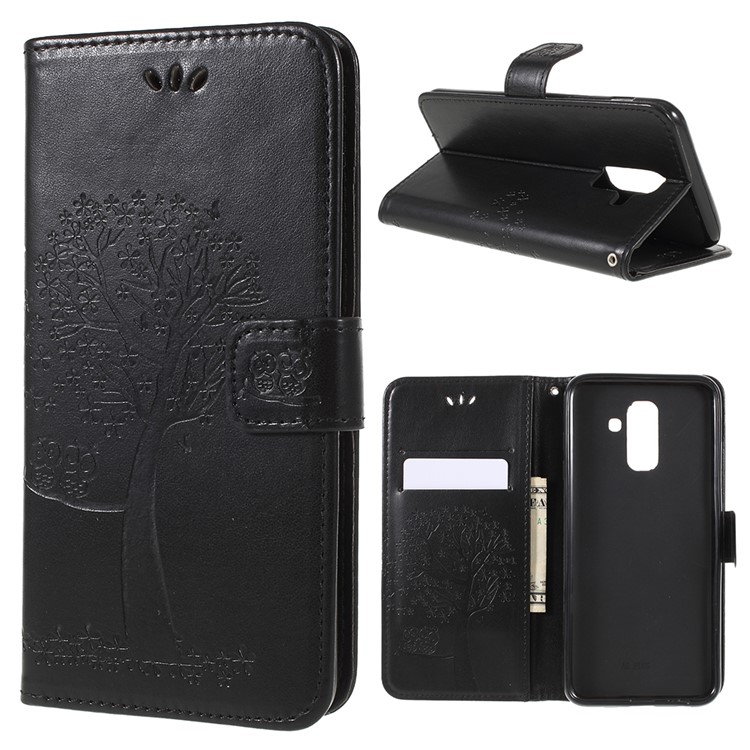 For Samsung Galaxy A6 (2018) Imprint Tree Owl Wallet Stand PU Leather Phone Shell - Black-1