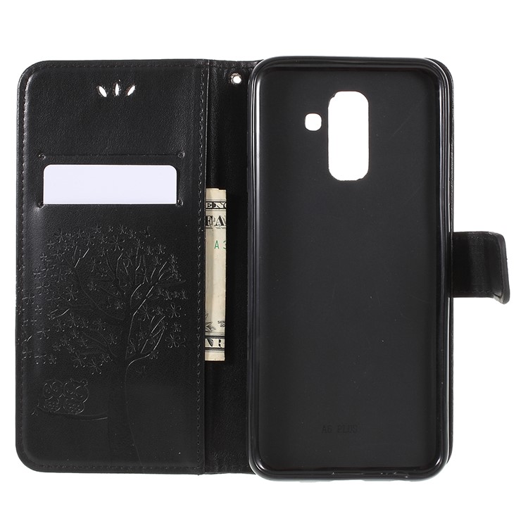 For Samsung Galaxy A6 (2018) Imprint Tree Owl Wallet Stand PU Leather Phone Shell - Black-9
