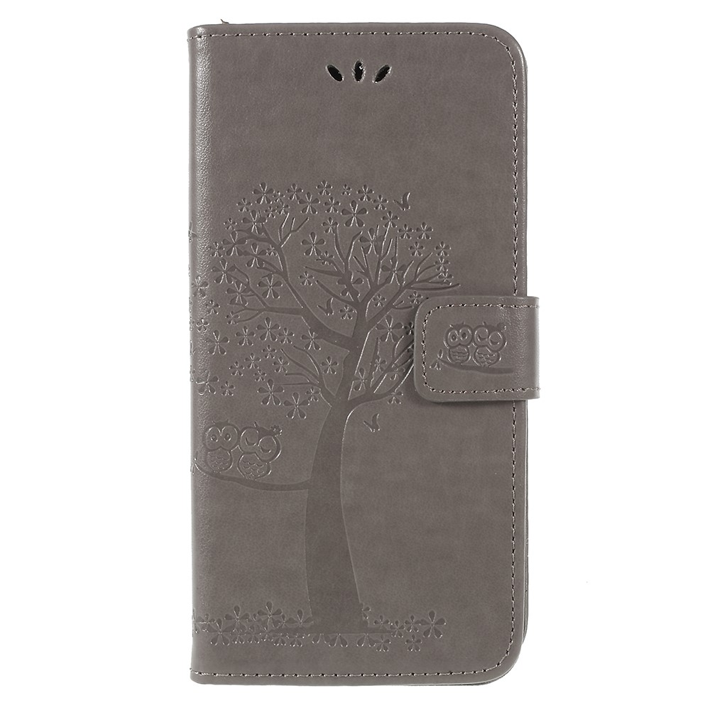 Für Samsung Galaxy A6 (2018) Impressum Baum Eule Brieftasche Stand PU Ledertasche - Grau-1
