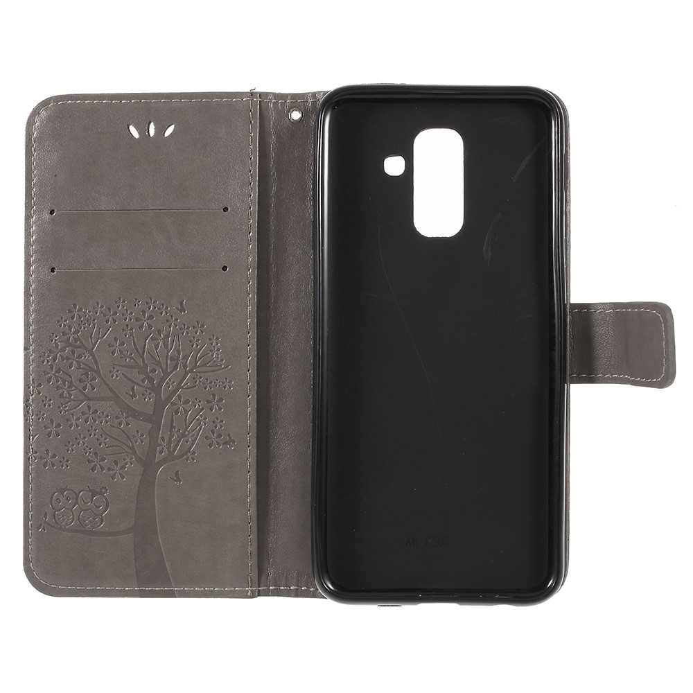 Para Samsung Galaxy A6 (2018) Imprint Árvore Coruja Carteira Suporte Pu Couro Phone Case - Cinza