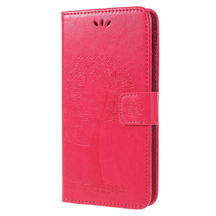 For Samsung Galaxy A6 (2018) Imprint Tree Owl Wallet Stand PU Leather Phone Case Shell - Rose-2