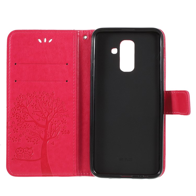 For Samsung Galaxy A6 (2018) Imprint Tree Owl Wallet Stand PU Leather Phone Case Shell - Rose-6