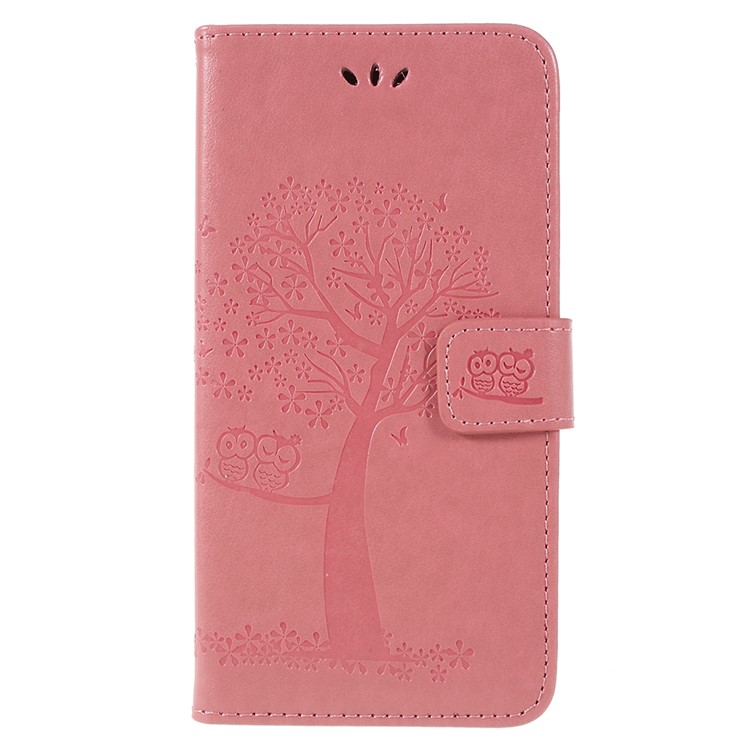 For Samsung Galaxy A6 (2018) Imprint Tree Owl Wallet Stand PU Leather Phone Cover - Pink-1