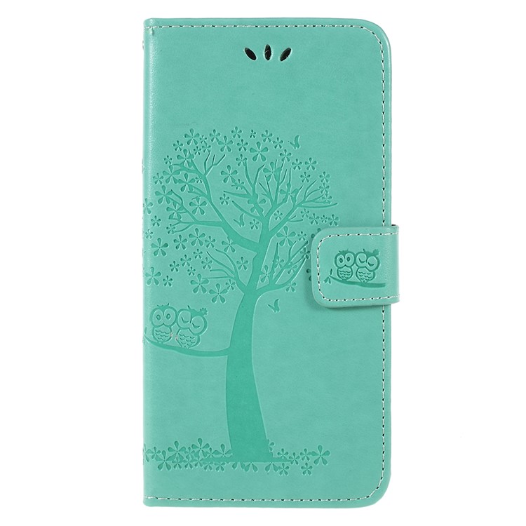 For Samsung Galaxy A6 (2018) Imprint Tree Owl Wallet Stand PU Leather Phone Cover Shell - Green-1