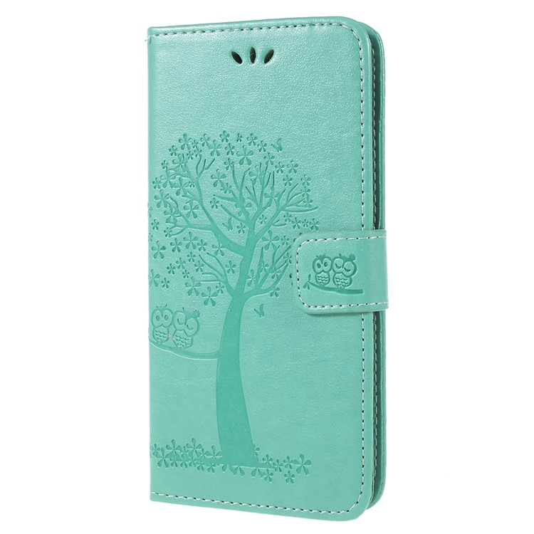 For Samsung Galaxy A6 (2018) Imprint Tree Owl Wallet Stand PU Leather Phone Cover Shell - Green-2