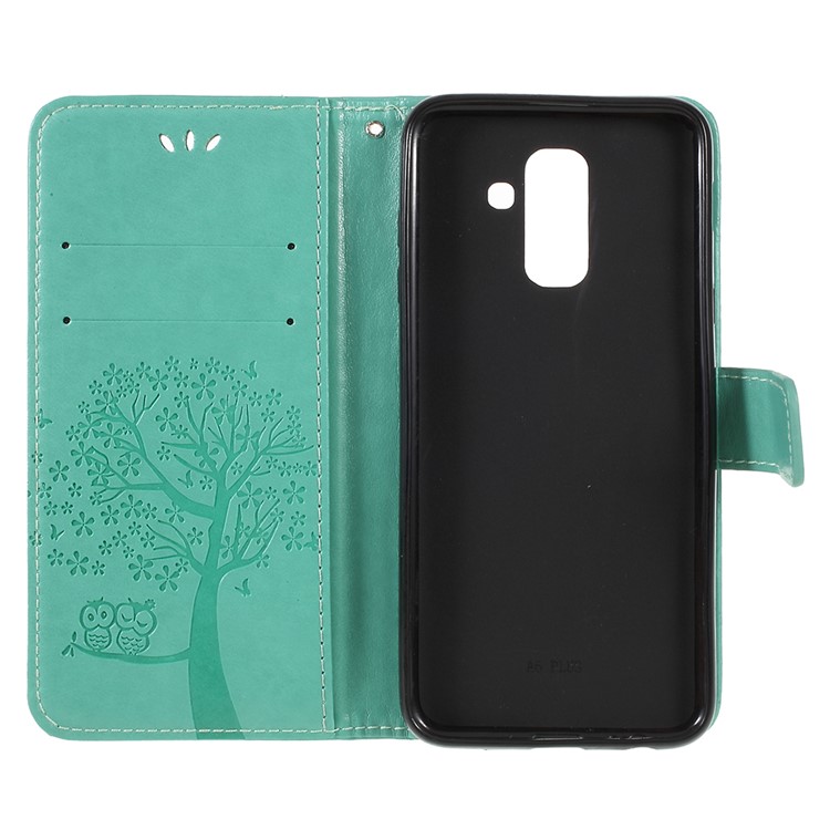 For Samsung Galaxy A6 (2018) Imprint Tree Owl Wallet Stand PU Leather Phone Cover Shell - Green-6