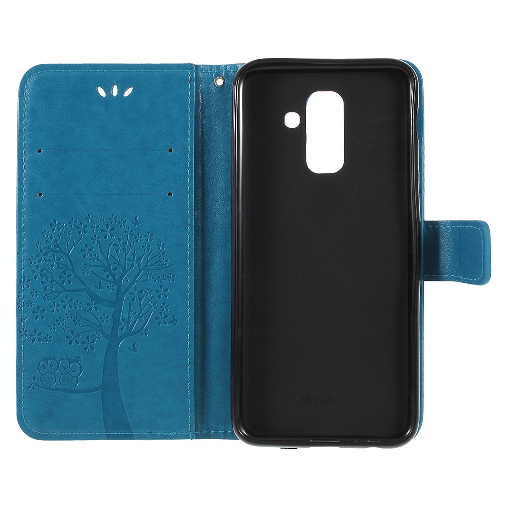 Para Samsung Galaxy A6 (2018) Impressão Árvore Coruja Wallet Stand PU Couro Móvel Shell - Azul-6