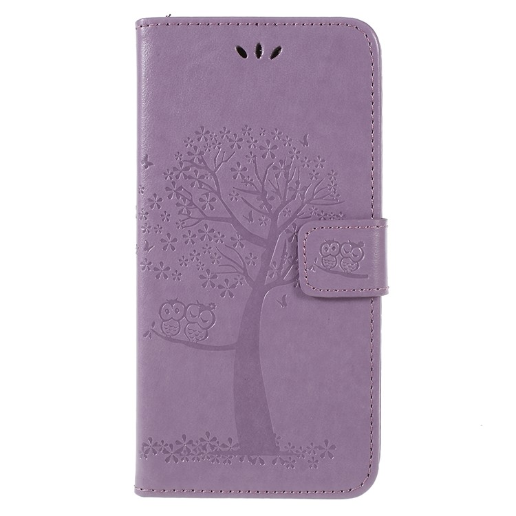 For Samsung Galaxy A6 (2018) Imprint Tree Owl Wallet Stand PU Leather Mobile Case - Light Purple-1